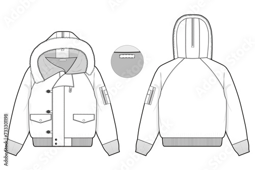 n-3B hooded parka fur hood trim military jacket bomber flight flat technical drawing illustration mock-up template for design and tech packs men or unisex fashion CAD streetwear women workwear utility