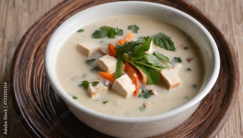 A bowl of soup with vegetables and chicken A bowl of soup with vegetables and chicken