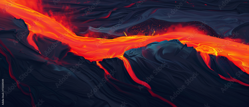 lava flowing like a river in the middle of a dark charred area
