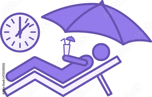 Colored Vacation Icon. Vector Icon of a Man Relaxing on a Chaise Longue with a Cocktail. Beach Umbrella and Clock. Travel Concept