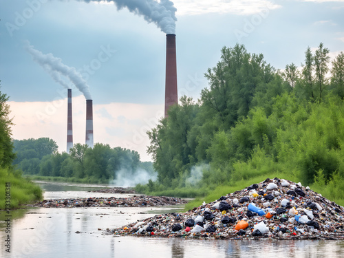 Landscape with dirty polluted water with garbages, heap of litter abandoned on nature and factory chimneys in the distance. Environmental pollution.