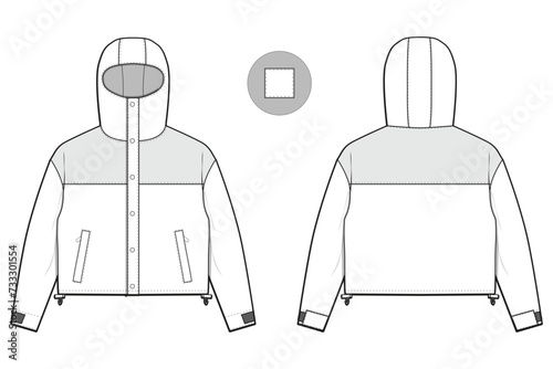 cropped parka hooded jacket flat technical drawing illustration mock-up template for design and tech packs men or unisex fashion CAD streetwear women workwear utility