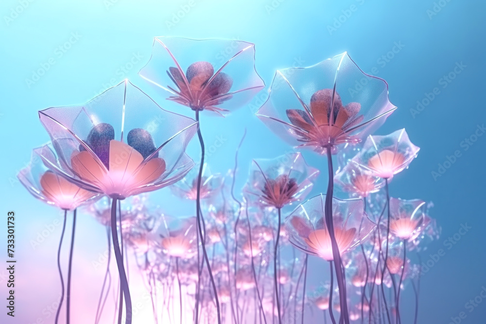 Futuristic floral composition with beautiful glass flowers on a blue sky background. Generated by AI.