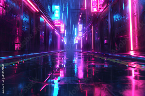  minimalist cyberpunk alley with vibrant neon lights and subtle rain reflections