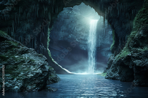 An ethereal scene unfolds as the waterfall cascades into a fantastical realm beyond imagination. photo