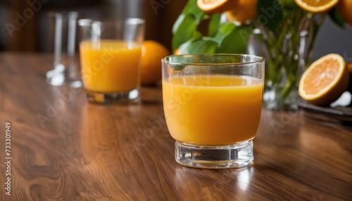 A glass of orange juice sits on a wooden table