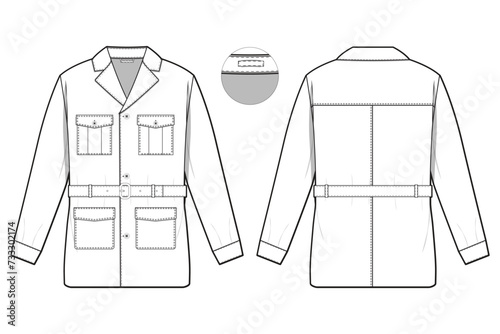 safari tactical coat jacket collared flat technical drawing illustration mock-up template for design and tech packs men or unisex fashion CAD streetwear women workwear utility