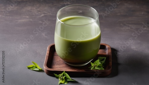 A glass of green liquid on a wooden tray