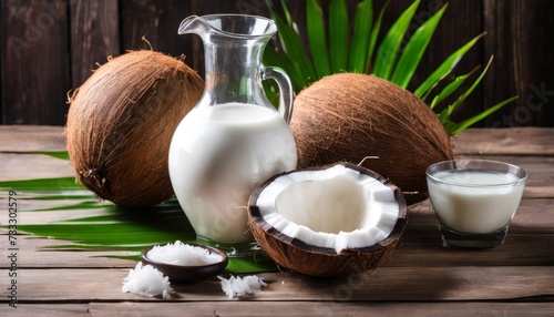 A glass of milk with a coconut on top