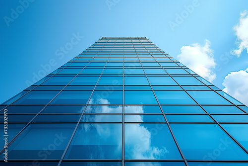Skyscraper s Glass Facade Reflecting the Blue Sky