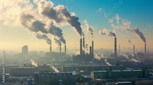 Urban factories and smoking chimneys. Environmental pollution problem. Smoke-polluted industrial city. Depressive urbanism