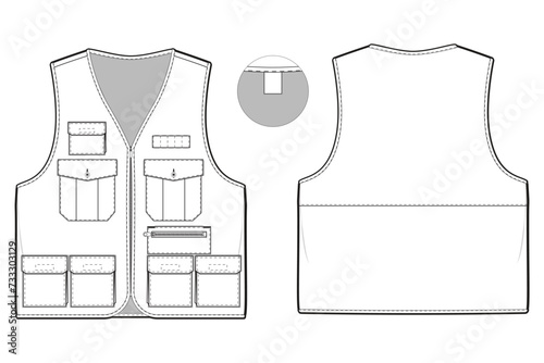 safari zip vest tactical pockets flat technical drawing illustration mock-up template for design and tech packs men or unisex fashion CAD streetwear women workwear utility