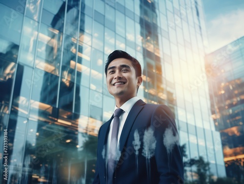 A determined businessman stands before a backdrop of reflective glass buildings in a modern city.