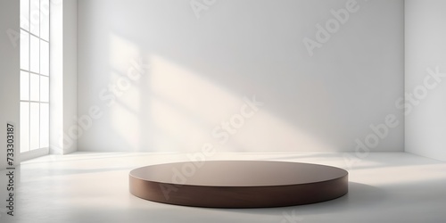 Round wooden podium. Empty luxury stand presentation pedestal background