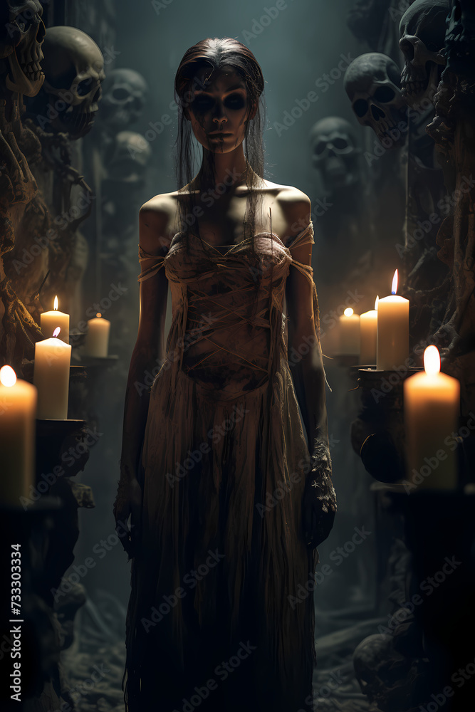 Naklejka premium Gothic Horror Scene with Mummified Zombie Woman amid Candles and Skulls