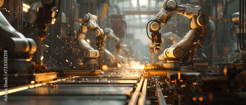 robotic arms engaged in manufacturing tasks, with sparks flying as they work on metal objects, on a modern industrial facility
