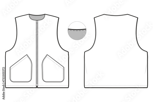 zip up vest jacket flat technical drawing illustration mock-up template for design and tech packs men or unisex fashion CAD streetwear women workwear utility