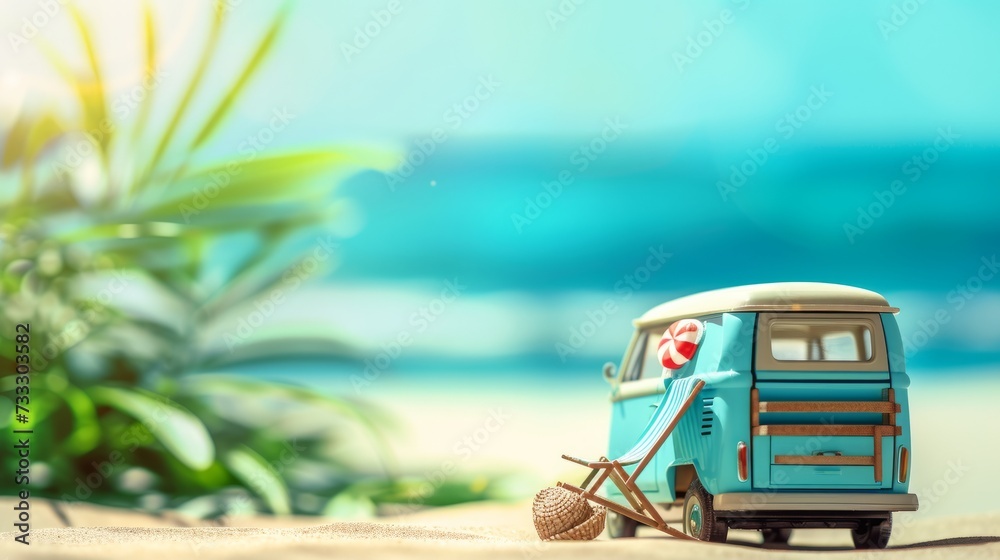 Small hippie blue minivan on the beach on a sunny summer day with a sunbathing chair. Summer holiday concept at sea or ocean Small hippie blue minivan on the beach on a sunny summer day with a sunbathing chair. Summer holiday concept at sea or ocean