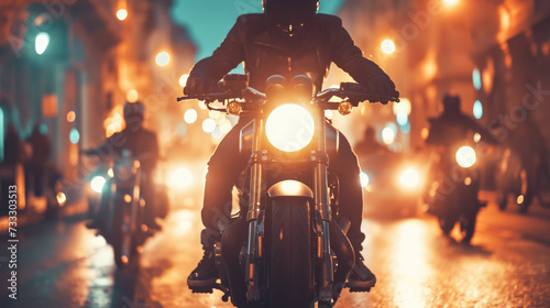 A motorcyclist on a black motorcycle rides along a city street in the evening.
