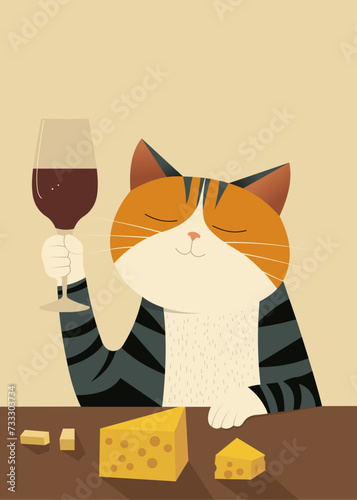 Funny cat with a wine glass illustration