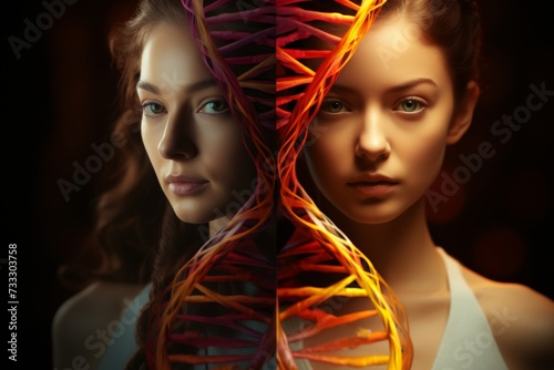 Twin sisters with a translucent DNA helix, symbolizing genetic similarities and differences.