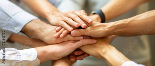 several hands stacked together in a gesture of unity or teamwork