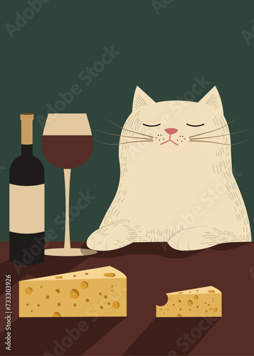 Funny cat with a wine glass illustration