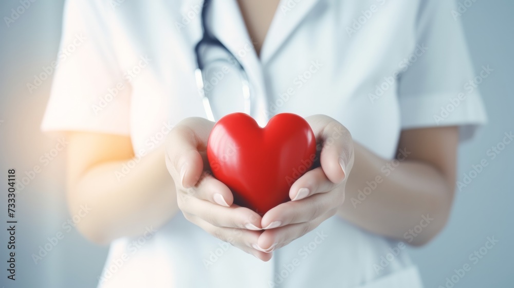 A healthcare professional in a white coat holding a red heart, symbolizing care and compassion.