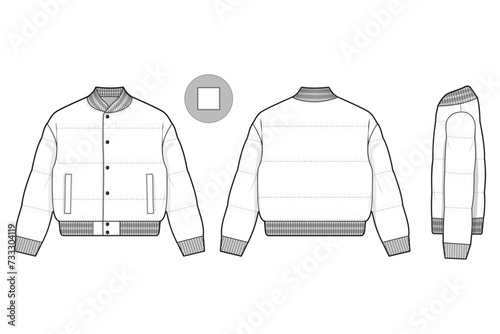 cropped snap button puffer bomber jacket flat technical drawing illustration mock-up template for design and tech packs men or unisex fashion CAD streetwear women workwear utility