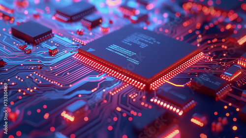 Close-up view of a circuit board in orange and blue, with glowing paths and embedded code elements highlighting technological innovation and connectivity.
