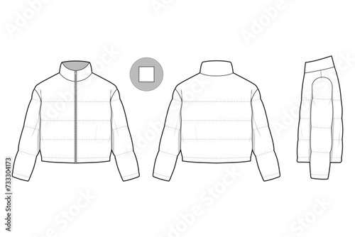 cropped zip puffer jacket flat technical drawing illustration mock-up template for design and tech packs men or unisex fashion CAD streetwear women workwear utility