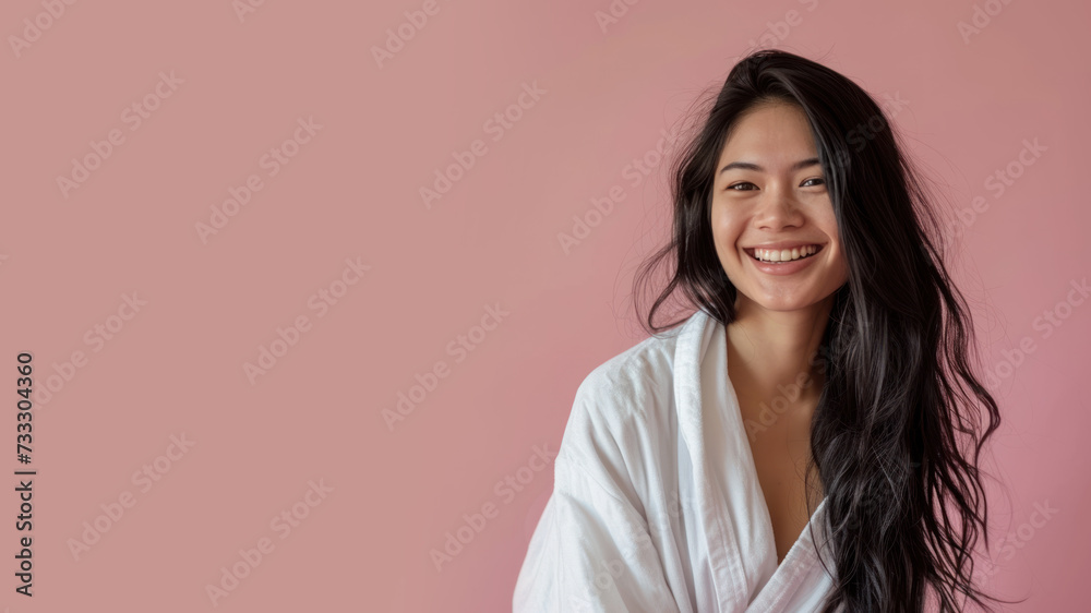 Malay woman in bathrobes, female body care and pampering in hotel spa Malay woman in bathrobes, female body care and pampering in hotel spa