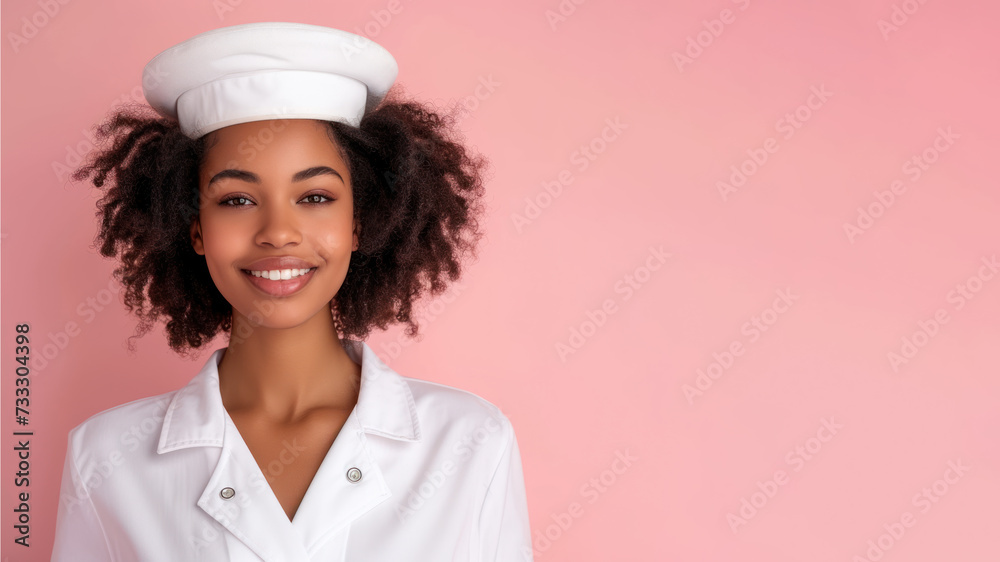 Afro woman in cruise ship staff uniform isolated on pastel background Afro woman in cruise ship staff uniform isolated on pastel background