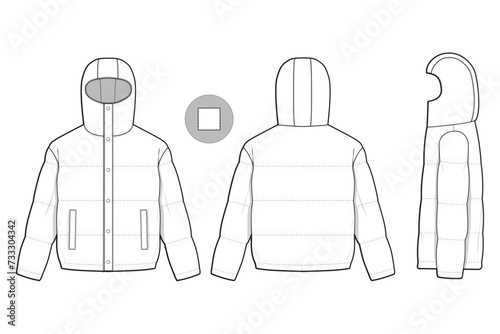 hooded puffer jacket flat technical drawing illustration mock-up template for design and tech packs men or unisex fashion CAD streetwear women workwear utility