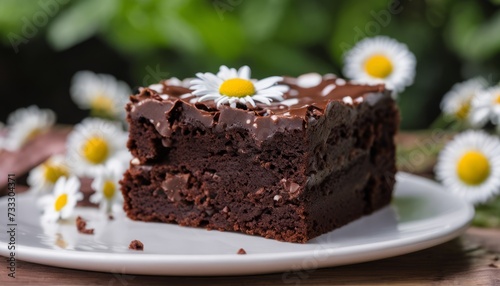 A slice of chocolate cake with white frosting and yellow flowers on top