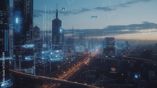 A bustling smart city skyline at dusk, with autonomous vehicles, drones delivering goods, and digital screens displaying real-time data.