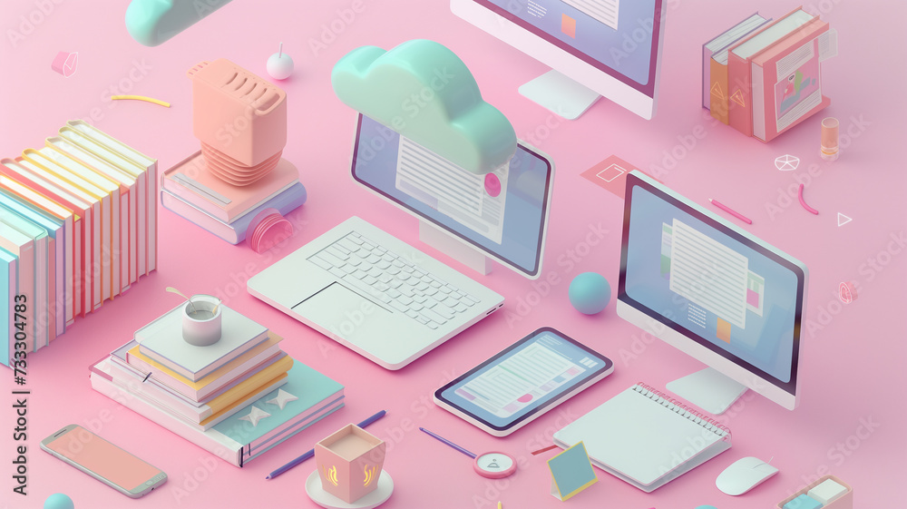A minimalist 3D isometric illustration of a cloud computing ecosystem, with sleek designs of a computer, laptop, tablet, and smartphone, all seamlessly connected to a stylized cloud.
