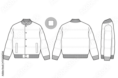 snap button puffer jacket collared flat technical drawing illustration mock-up template for design and tech packs men or unisex fashion CAD streetwear women workwear utility