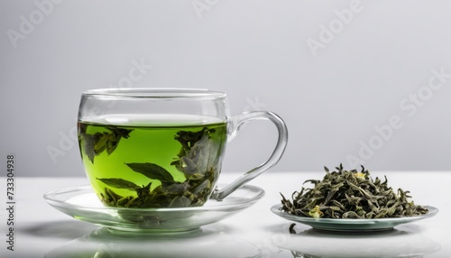 A glass of tea with a spoon in it and a bowl of tea leaves