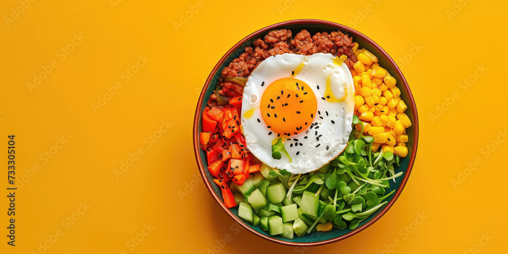 Korean Bibimbap with Fresh Vegetables and Egg. Colorful Bibimbap bowl with rice, vegetables, and a sunny-side-up egg, copy space.