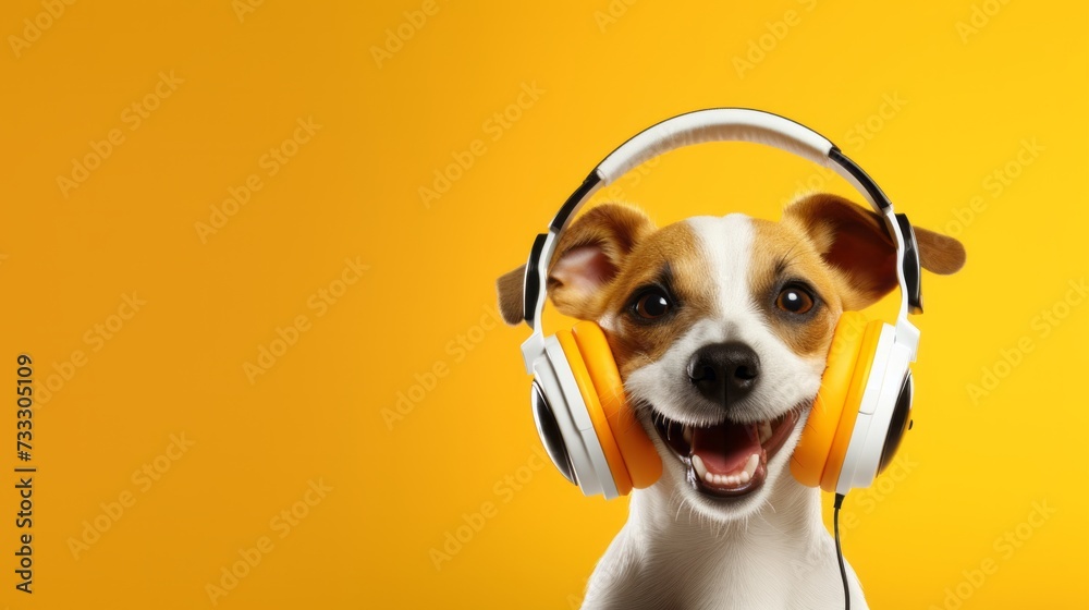 Cute dog wearing big headphones listens to music, sound therapy concept for animals with copyspace