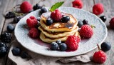 A stack of pancakes with raspberries and blueberries on top