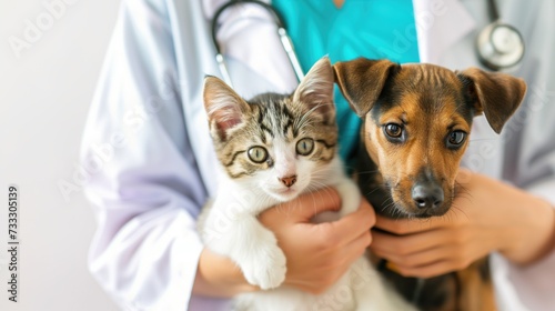 Veterinary concept, Vet examining cat and dog at veterinarian doctor, Animal clinic, Pet check up and vaccination, Health care for cat and dog, generative ai