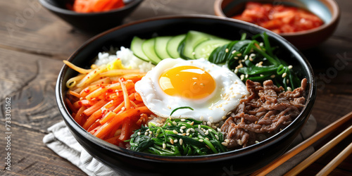 Korean Bibimbap with Fresh Vegetables and Egg. Colorful Bibimbap bowl with rice, vegetables, and a sunny-side-up egg.