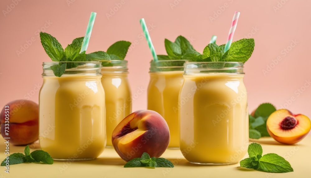 Three jars of peach juice with green straws and mint leaves Three jars of peach juice with green straws and mint leaves