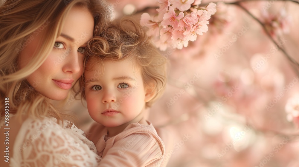 Mother Embracing Her Young Child Among Blossoming Cherry Trees on Mothers Day Mother Embracing Her Young Child Among Blossoming Cherry Trees on Mothers Day