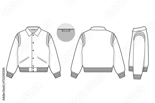 varsity letterman jacket button collared flat technical drawing illustration mock-up template for design and tech packs men or unisex fashion CAD streetwear women workwear utility photo