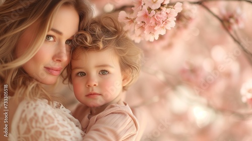 Mother Embracing Her Young Child Among Blossoming Cherry Trees on Mothers Day