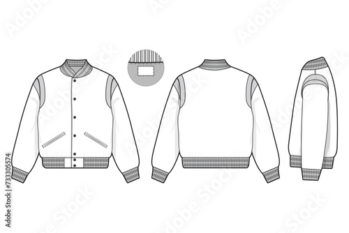 varsity letterman jacket retro shoulder insert flat technical drawing illustration mock-up template for design and tech packs men or unisex fashion CAD streetwear women workwear utility