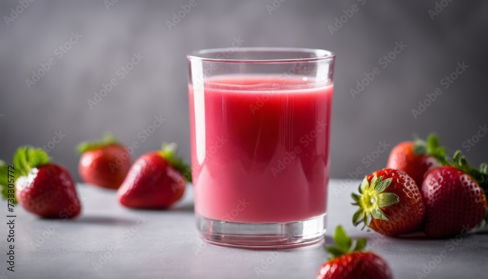 A glass of strawberry juice with strawberries on the table A glass of strawberry juice with strawberries on the table